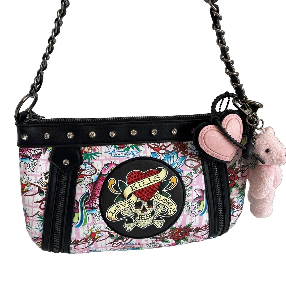 Ed Hardy~ Love Kills Slowly Multicolor Skull/Heart Studded Zip Shoulder Bag. NWT